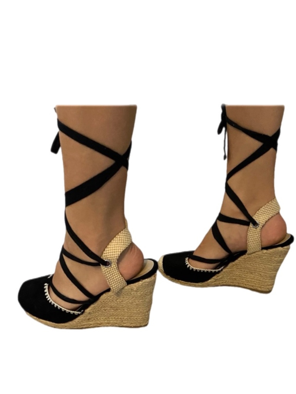 Suede Lace-Up Espadrille Wedge Shoes Platform Burlap Boho Lana Del Rey Black/Tan